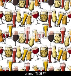 Seamless pattern with different glasses with beer, different mugs of beer. Vector illustration of a sketch style. Stock Vector