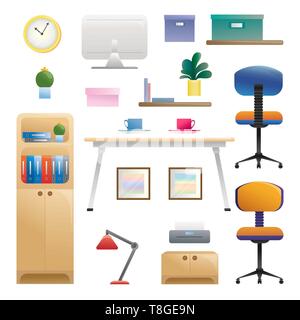 Set of different interior elements. Work room. Vector illustration in flat style. Stock Vector