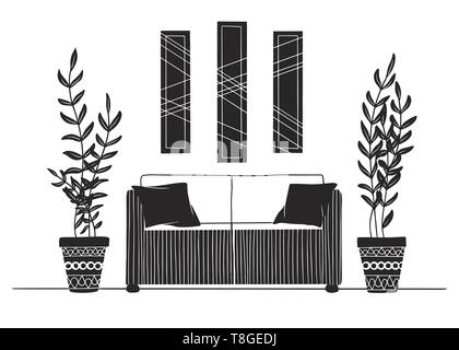 Part of the room. Sofa, plants in pots and a picture on the wall. Hand drawn vector illustration of a sketch style. Stock Vector