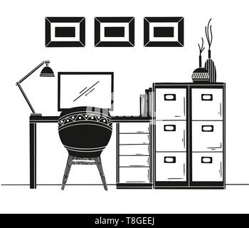Interior in Scandinavian style. Workplace with a computer. Sketch of the interior. Vector illustration. Stock Vector