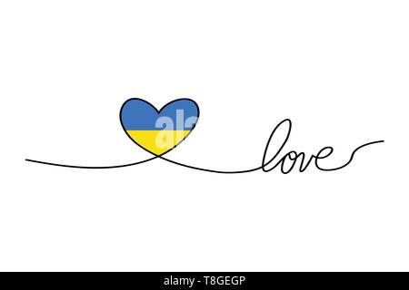 Love with hearts in continuous drawing lines in a flat style in continuous drawing lines and Ukrainian flag. Continuous black line. The work of flat Stock Vector