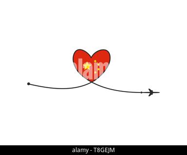 Plane and its track in the shape of a heart and China flag on white background. Vector illustration. Aircraft flight path and its route Stock Vector