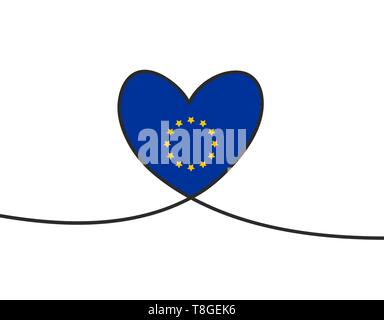 Love with hearts in continuous drawing lines in a flat style in continuous drawing lines and European Union flag. Continuous black line. The work of Stock Vector