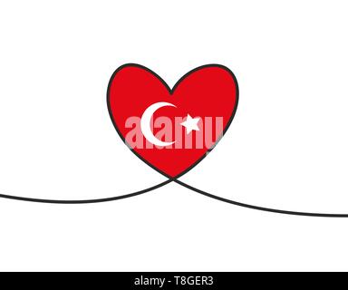 Love with hearts in continuous drawing lines in a flat style in continuous drawing lines and Turkish flag. Continuous black line. The work of flat Stock Vector