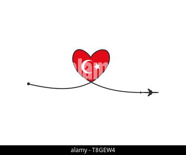 Plane and its track in the shape of a heart and turkey flag on white background. Vector illustration. Aircraft flight path and its route Stock Vector