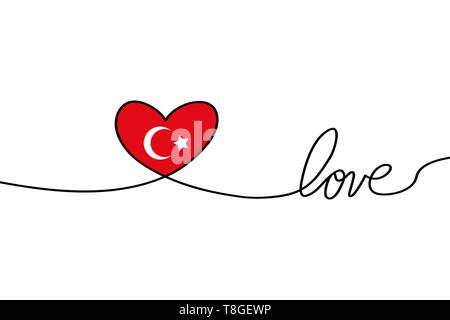 Love with hearts in continuous drawing lines in a flat style in continuous drawing lines and Turkish flag. Continuous black line. The work of flat Stock Vector