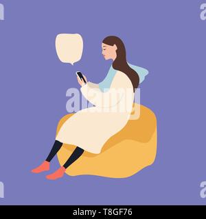 Beautiful caucasian woman sitting on a puff chair using smartphone, vector illustration on blue background Stock Vector