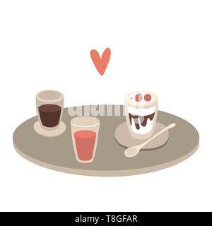 Tray with cups with drinks and desserts and heart symbol on white background. Flat design Stock Vector