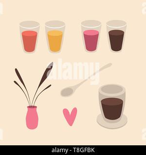 Set of cafe restaurant interior objects and drinks. Flat design Stock Vector