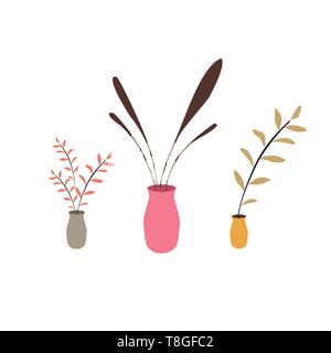 Set of vases with plants flowers Interior design template objects Flat design Stock Vector