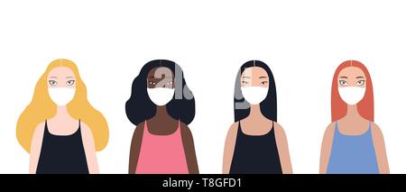 Group of four beautiful stylish cartoon woman characters african-american ethnicity caucasian ethnicity asian ethnicity and mix raced wearing medical Stock Vector