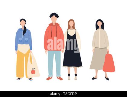 Group of stylish cartoon characters wearing casual clothes men and women isolated on white background Stock Vector