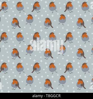 Robin bird vector pattern with gray background and stars Stock Vector