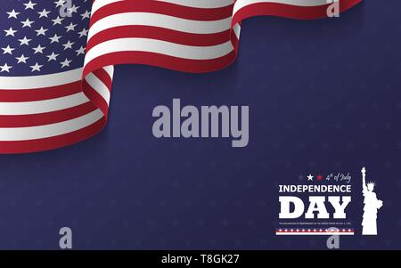 4th of July happy independence day of america background . Statue of liberty flat silhouette design with text and waving american flag at corner on bl Stock Vector