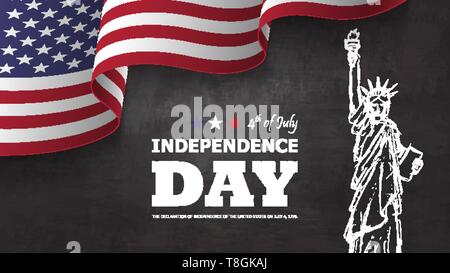 4th of July happy independence day of america background . Statue of liberty drawing design with text and waving american flag at corner on chalkboard Stock Vector