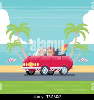 Boy and dog driving convertible car with surfboard and luggage cruising on a road along the beach with blue sky, sea, cloud, coconut trees, umbrellas, Stock Vector