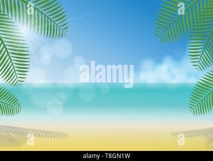Sunny day under coconut trees shade on the beach, sea, clouds and clear blue sky background Stock Vector