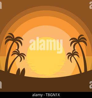 Simplified summer sunset at the sea with silhouette of coconut trees and surfboards on the beach Stock Vector