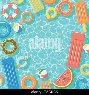 Swimming pool from top view with colorful inflatable rubber rings, rafts, beach ball and life buoy Stock Vector