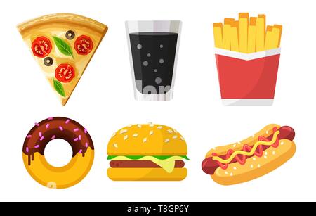 Set of colorful fast food icons for web sites and apps, pizza, soda, French fries, donut, hamburger, Hot Dog isolated on white background, junk food Stock Vector