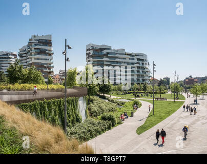 Residential upmarket apartment buildings and gardens in the Citylife District of Milan, Lombardy, Italy Stock Photo