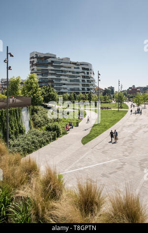 Residential upmarket apartment buildings and gardens in the Citylife District of Milan, Lombardy, Italy Stock Photo