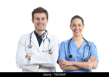 Front view portrait of two medicine students isolated on white background looking at camera Stock Photo