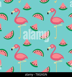 cute cartoon flat vector seamless background with flamingo and watermelon slices Stock Vector