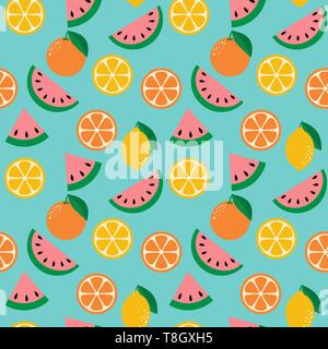 vector seamless pattern with flat lemons, oranges, watermelons and slices in retro style Stock Vector