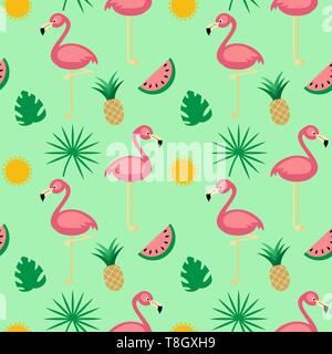 flat vector seamless pattern with cartoon flamingo, tropical fruits and palm leaves Stock Vector