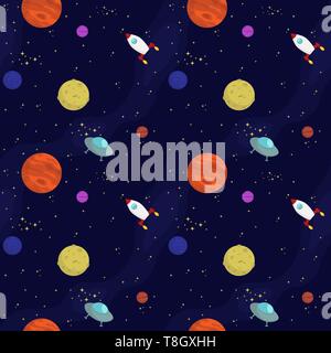 seamless flat vector space pattern with planets, spaceships, stars in universe Stock Vector