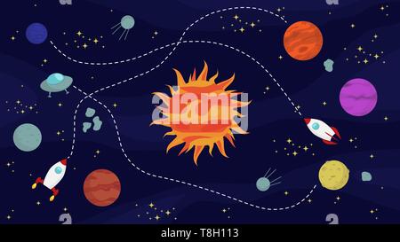 space background with planets, stars, spaceships, rotating around sun in cartoon style for your design Stock Vector
