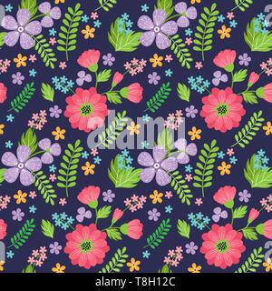 vector seamless hand drawn floral pattern with lilac and pink flowers Stock Vector