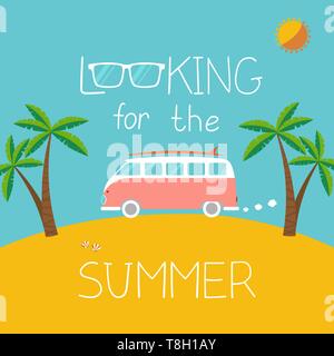 flat summer background with retro van on the beach, palms and slogan "looking for the summer" Stock Vector