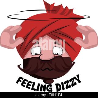 Man with turban is feeling dizzy, illustration, vector on white background. Stock Vector