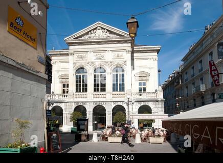 France, Savoie, Chambery, terrace of bar on the place of the Charles Dullin theater Stock Photo