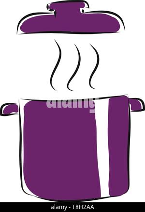 Purple pot with lid and steam, illustration, vector on white background. Stock Vector