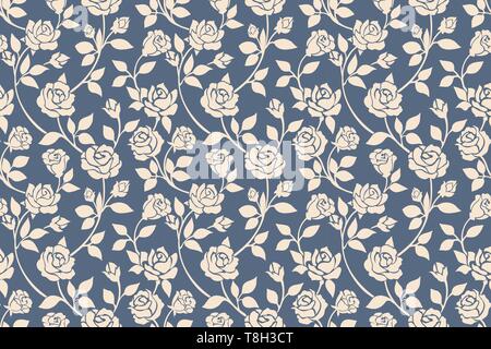 Blue roses floral seamless pattern. Drawing beige roses flowers on navy background vector delicate seamless wallpaper Stock Vector