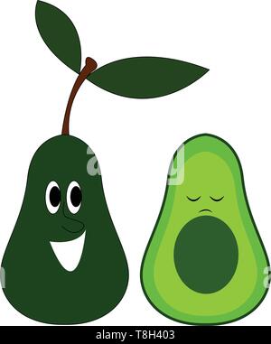 Avocado with face character hand drawn design, illustration, vector on white background. Stock Vector