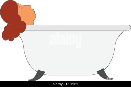 A lady taking a relaxed bath in a bathtub full of water , vector, color drawing or illustration. Stock Vector