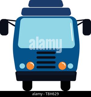 Front view of a blue mini bus with projecting side mirror and orange lamp, vector, color drawing or illustration. Stock Vector