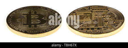 Golden bitcoin isolated on white background. Front and back sides are shown. High resolution photo. With clipping path. Full depth of field. Stock Photo