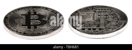 Silver bitcoin isolated on white background. Front and back sides are shown. High resolution photo. With clipping path. Full depth of field. Stock Photo