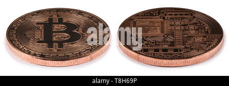 Bronze bitcoin isolated on white background. Front and back sides are shown. High resolution photo. With clipping path. Full depth of field. Stock Photo
