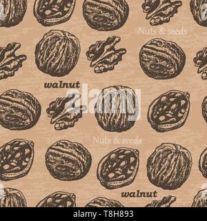 Seamless pattern with walnuts on a vintage background. Vector  illustration for your design Stock Vector