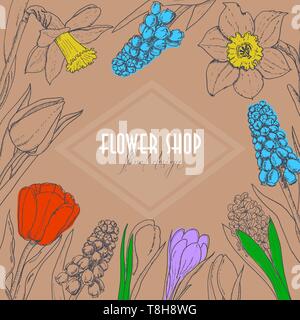 Vector background with spring flowers on a beige background. Vector  illustration for your design Stock Vector