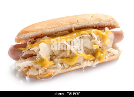 Tasty hot dog with sauerkraut on white background Stock Photo