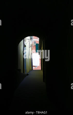 View of narrow street with arches, nobody. Vernazza, Cinque Terre, Liguria, Italy Stock Photo