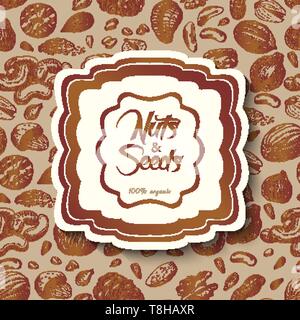 Seamless background with nuts and an inscription in the middle. Vector  illustration for your design Stock Vector