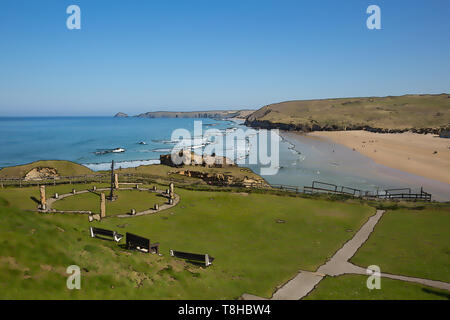 Perranporth beach North Cornwall England UK illustration of surfing beach with waves and blue sea Stock Photo